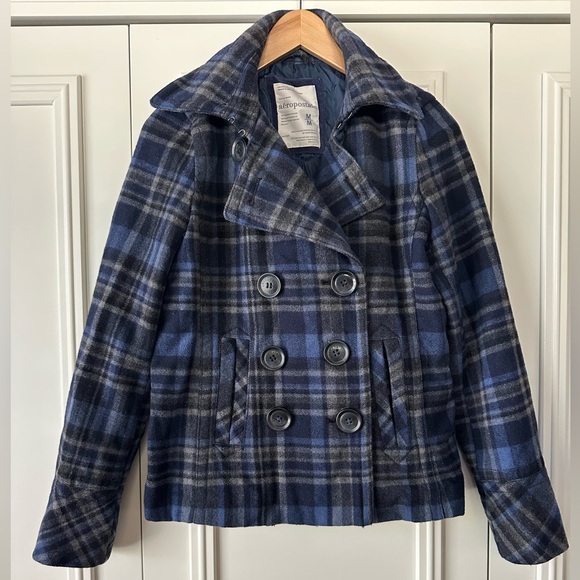 Aeropastale Blue Plaid Wool Blend Peacoat, Size M - Picture 1 of 7
